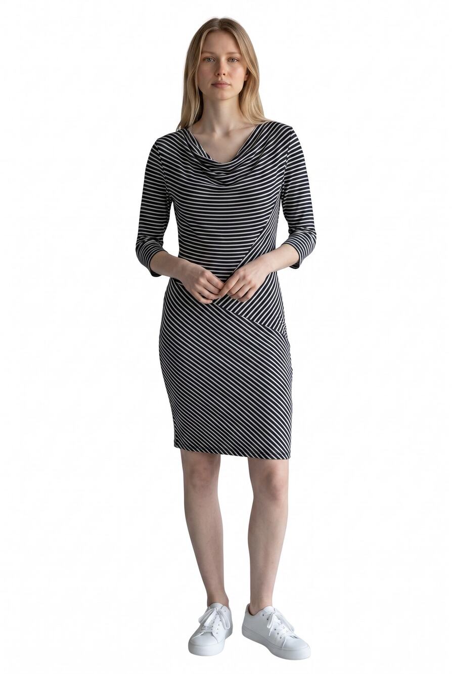 Gilli Stripped Cowl Neck 3/4 Sleeve Knee Length Blue Gray Stripped Dress L Boho
